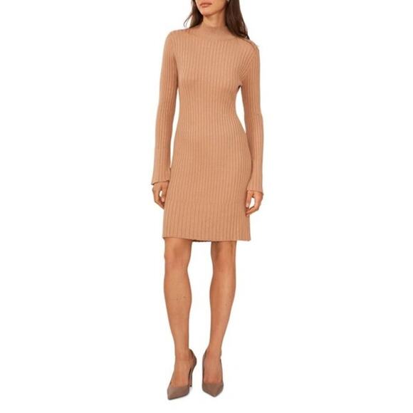 Halogen Sweater Dress Rib Mock Neck Long Sleeve Mini Camel Tan NWT Medium - Picture 3 of 8